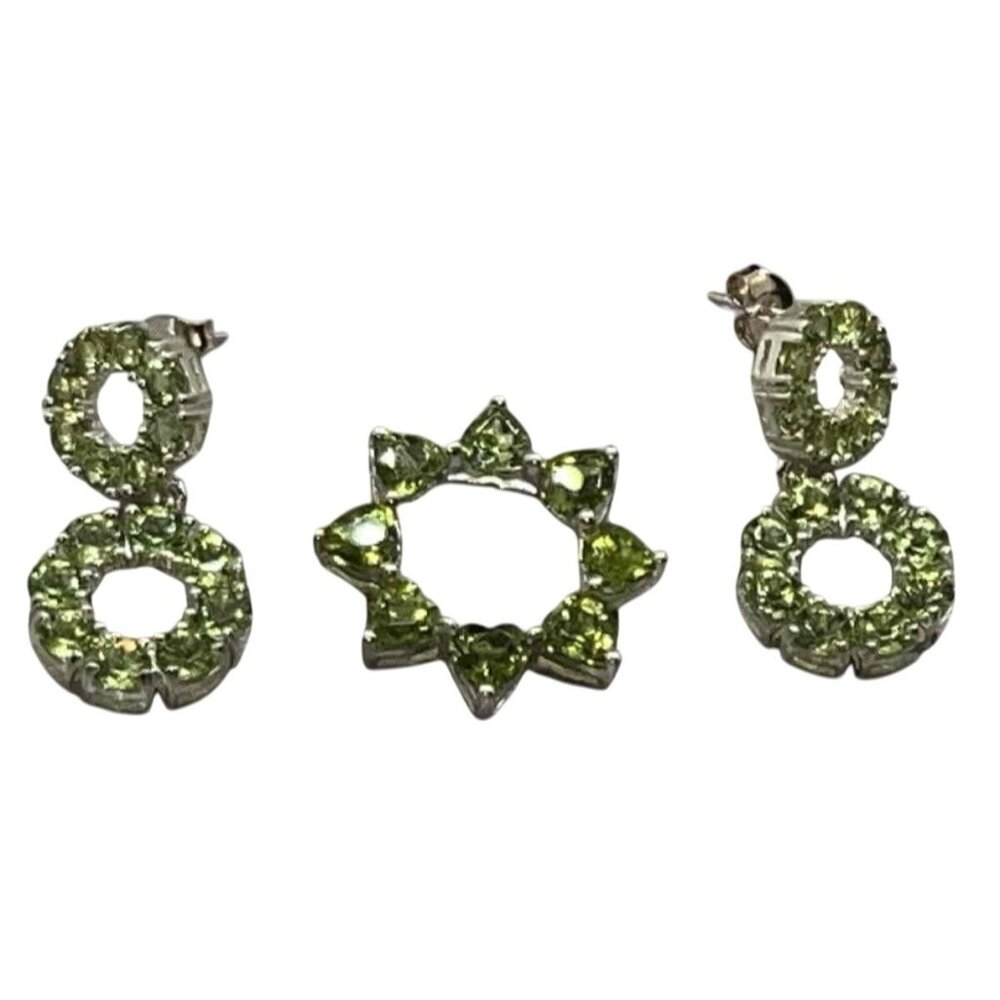 Sterling Silver 925 Peridot Gemstone Earrings & Pendant Set EUC